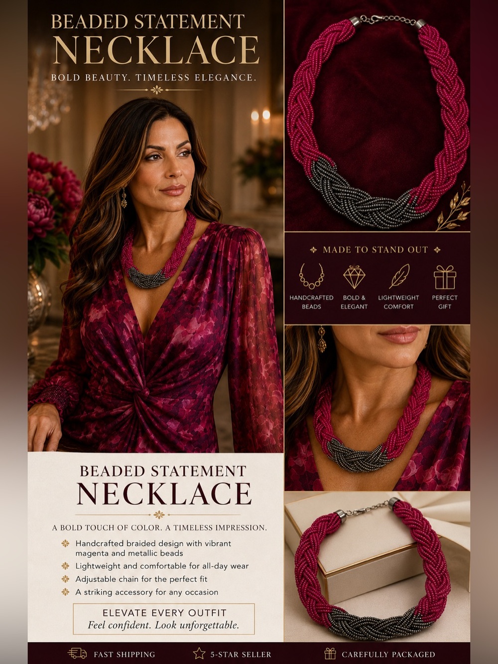 Beaded Statement Necklace - Magenta and Metallic -